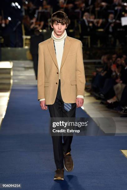 Model walks the runway at the Brooks Brothers show during the 93. Pitti Immagine Uomo at Fortezza Da Basso on January 10, 2018 in Florence, Italy.