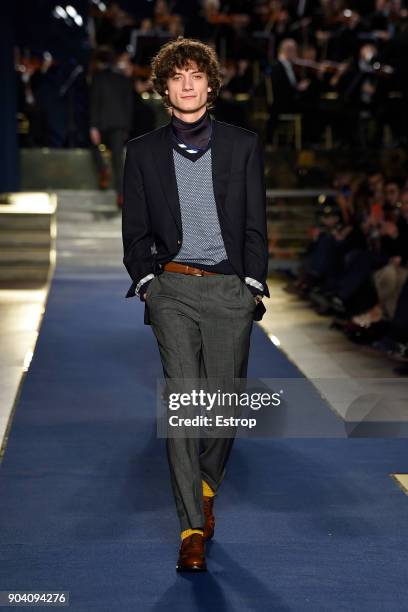 Model walks the runway at the Brooks Brothers show during the 93. Pitti Immagine Uomo at Fortezza Da Basso on January 10, 2018 in Florence, Italy.