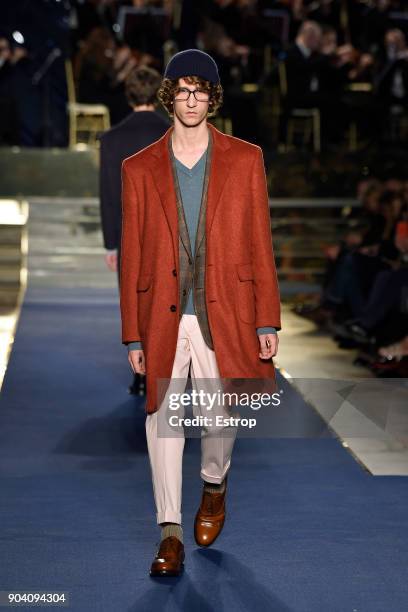 Model walks the runway at the Brooks Brothers show during the 93. Pitti Immagine Uomo at Fortezza Da Basso on January 10, 2018 in Florence, Italy.