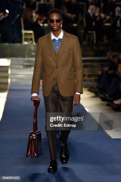 Model walks the runway at the Brooks Brothers show during the 93. Pitti Immagine Uomo at Fortezza Da Basso on January 10, 2018 in Florence, Italy.