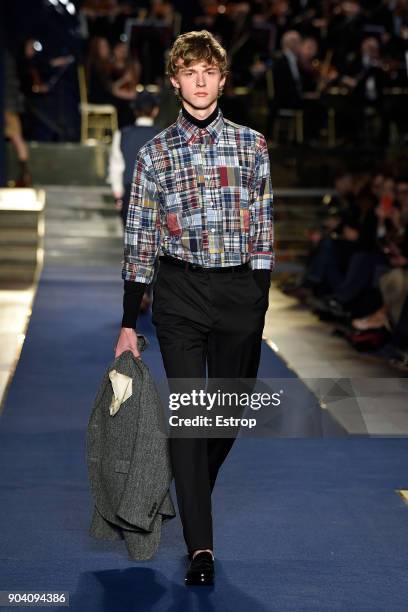 Model walks the runway at the Brooks Brothers show during the 93. Pitti Immagine Uomo at Fortezza Da Basso on January 10, 2018 in Florence, Italy.