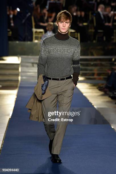 Model walks the runway at the Brooks Brothers show during the 93. Pitti Immagine Uomo at Fortezza Da Basso on January 10, 2018 in Florence, Italy.