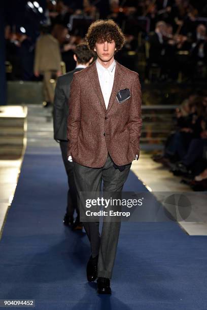 Model walks the runway at the Brooks Brothers show during the 93. Pitti Immagine Uomo at Fortezza Da Basso on January 10, 2018 in Florence, Italy.