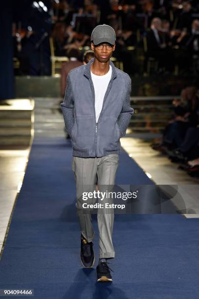 Model walks the runway at the Brooks Brothers show during the 93. Pitti Immagine Uomo at Fortezza Da Basso on January 10, 2018 in Florence, Italy.