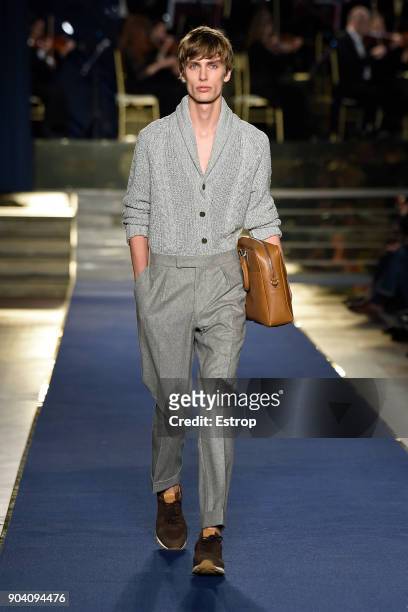 Model walks the runway at the Brooks Brothers show during the 93. Pitti Immagine Uomo at Fortezza Da Basso on January 10, 2018 in Florence, Italy.