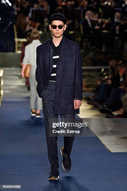 Model walks the runway at the Brooks Brothers show during the 93. Pitti Immagine Uomo at Fortezza Da Basso on January 10, 2018 in Florence, Italy.