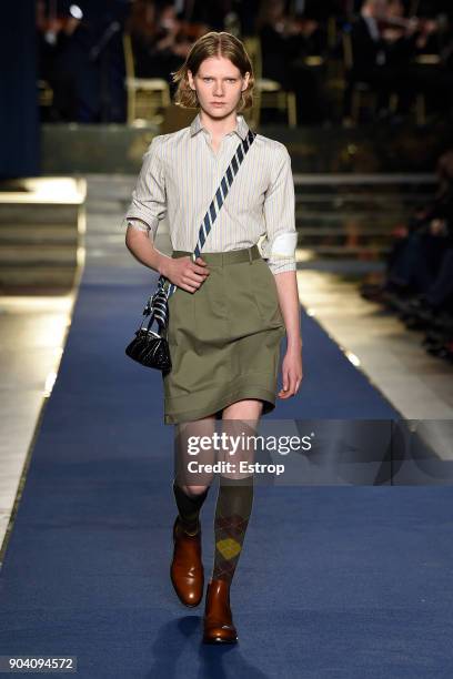 Model walks the runway at the Brooks Brothers show during the 93. Pitti Immagine Uomo at Fortezza Da Basso on January 10, 2018 in Florence, Italy.