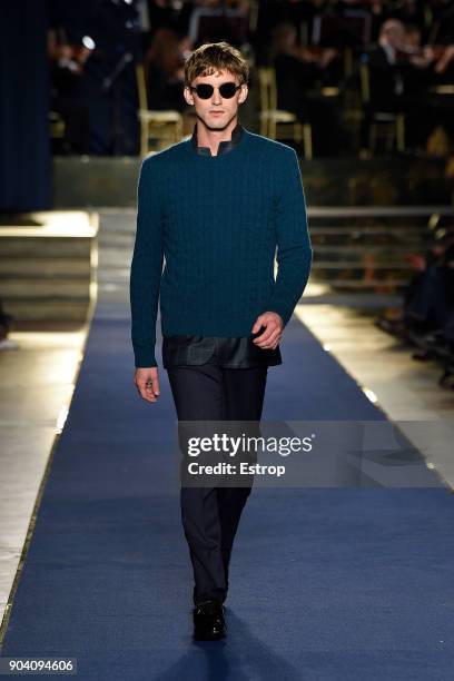 Model walks the runway at the Brooks Brothers show during the 93. Pitti Immagine Uomo at Fortezza Da Basso on January 10, 2018 in Florence, Italy.