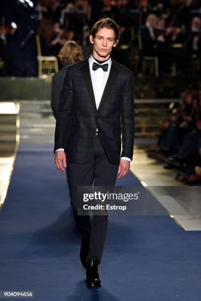 Model walks the runway at the Brooks Brothers show during the 93. Pitti Immagine Uomo at Fortezza Da Basso on January 10, 2018 in Florence, Italy.