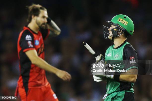 Seb Gotch of the Stars looks dejected after his dismissal during the Big Bash League match between the Melbourne Renegades and the Melbourne Stars at...