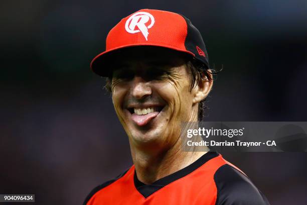 Brad Hogg of the Melbourne Renegades acknowledges the fans during the Big Bash League match between the Melbourne Renegades and the Melbourne Stars...