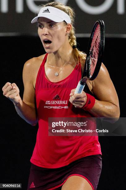 Angelique Kerber of Germany reacts to winning her semi final match against Camila Giorgi of Italy during day six of the 2018 Sydney International at...