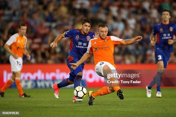 Avram Papadopoulos of the Roar controls the ball during the round 16 A-League match between the Newcastle Jets and the Brisbane Roar at McDonald...