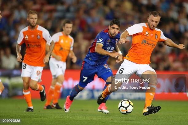 Avram Papadopoulos of the Roar controls the ball during the round 16 A-League match between the Newcastle Jets and the Brisbane Roar at McDonald...