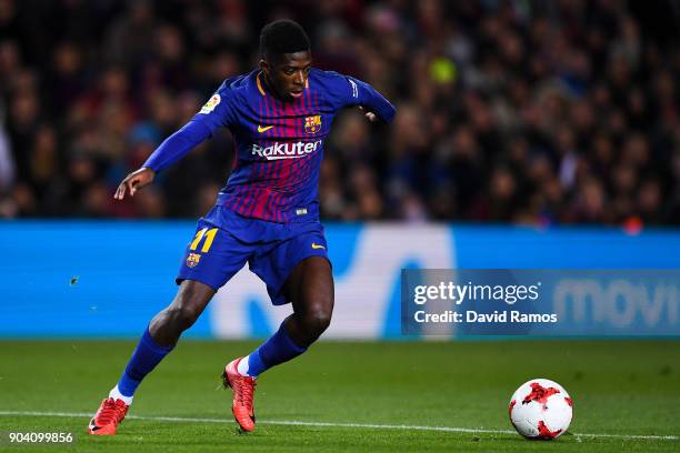 Oussame Dembele of FC Barcelona runs with the ball during the Copa del Rey round of 16 second leg match between FC Barcelona and Celta de Vigo at...