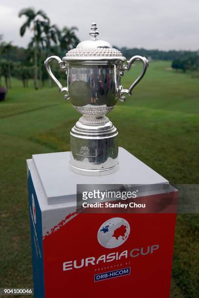 The Eurasia Cup is displayed on the 1st tee box during the fourballs matches on day one of the 2018 EurAsia Cup presented by DRB-HICOM at Glenmarie...