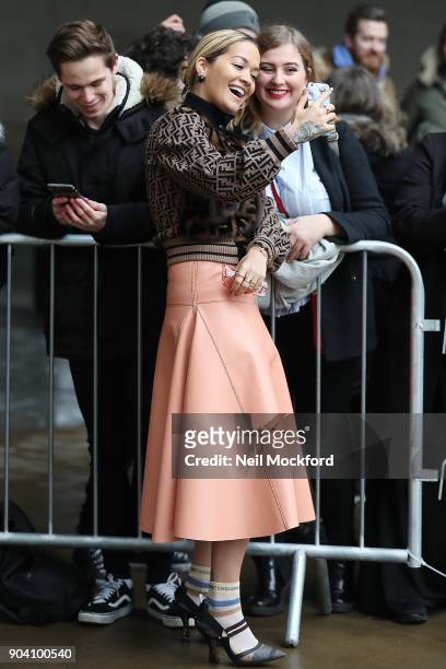 Rita Ora seen at BBC Radio One on January 12, 2018 in London, England.