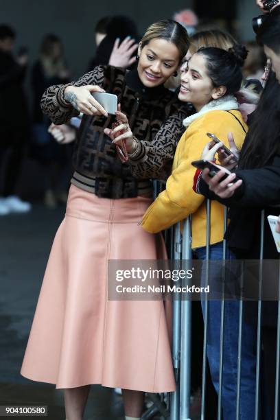 Rita Ora seen at BBC Radio One on January 12, 2018 in London, England.