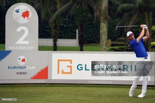 Ross Fisher of team Europe in action during the fourballs matches on day one of the 2018 EurAsia Cup presented by DRB-HICOM at Glenmarie G&CC on...