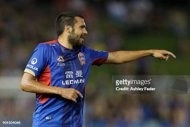 Nikolai Topor-Stanley of the Jets points during the round 16 A-League match between the Newcastle Jets and the Brisbane Roar at McDonald Jones...