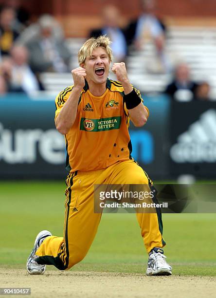 Shane Watson of Australia claims the wicket of Ravi Bopara of England during the 2nd NatWest One Day International between England and Australia at...