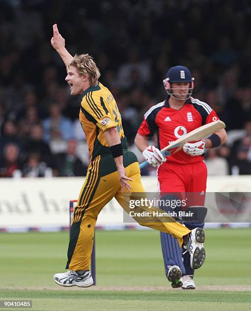 Shane Watson of Australia celebrates the wicket of Matt Prior of England during the 2nd NatWest One Day International between England and Australia...