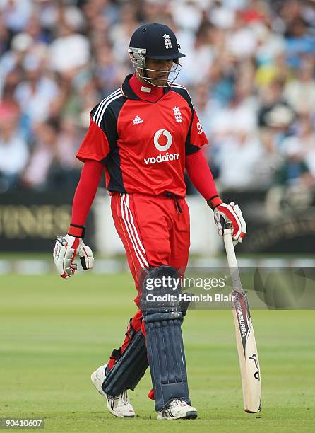 Owais Shah of England walks back after being run out during the 2nd NatWest One Day International between England and Australia at Lord's on...