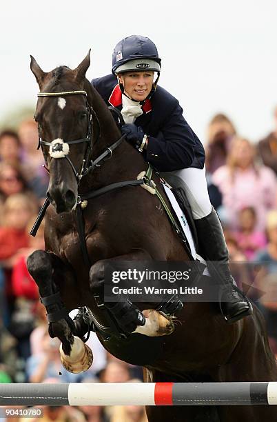 Zara Phillips of Great Britain rides Glenbuck during the Showjumping event on the final day of the Land Rover Burghley Horse Trials on September 6,...