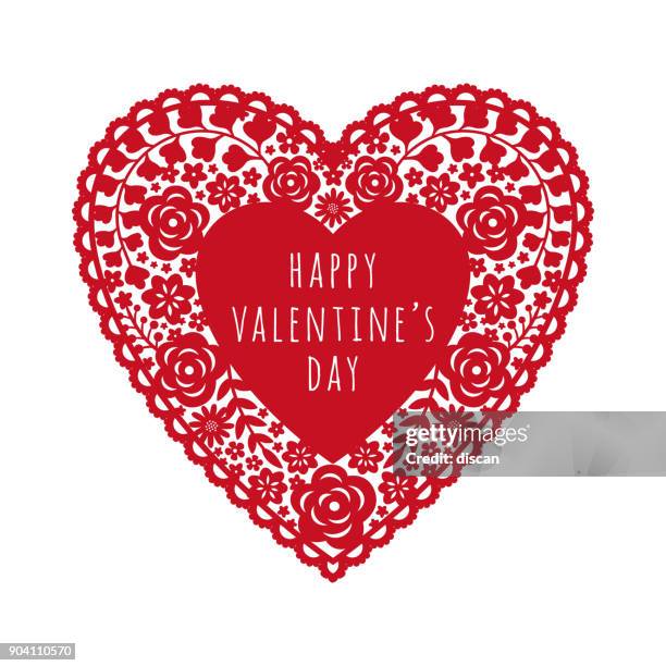 valentine's day card with red paper cut heart - lace textile stock illustrations