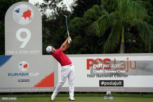 Sunghoon Kang of team Asia in action during the fourballs matches on day one of the 2018 EurAsia Cup presented by DRB-HICOM at Glenmarie G&CC on...