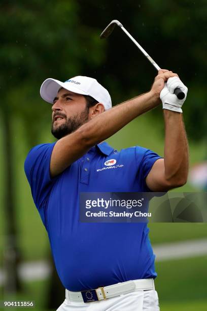 Alex Levy of team Europe plays a shot during the fourballs matches on day one of the 2018 EurAsia Cup presented by DRB-HICOM at Glenmarie G&CC on...