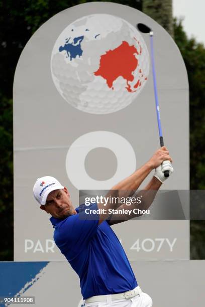 Henrik Stenson of team Europe plays a shot during the fourballs matches on day one of the 2018 EurAsia Cup presented by DRB-HICOM at Glenmarie G&CC...