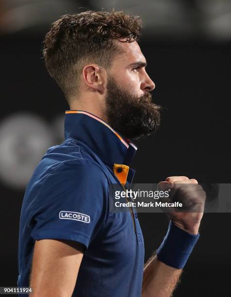 Benoit Paire of France celebrates winning set point in his semi final match against Alex de Minaur of Australia during day six of the 2018 Sydney...