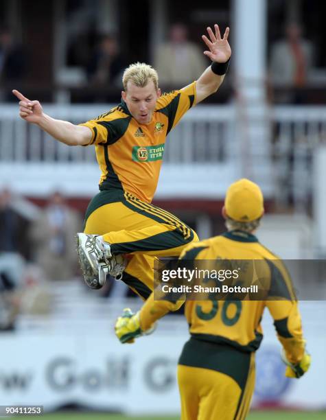 Brett Lee of Australia celebrates after bowling Paul Colingwood of England to win the match during the 2nd NatWest One Day International between...