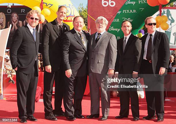 Andrew Stanton, Pete Docter, John Lasseter, George Lucas, Lee Unkrich and Brad Bird attend the Golden Lion Lifetime Achievement Award at the Sala...