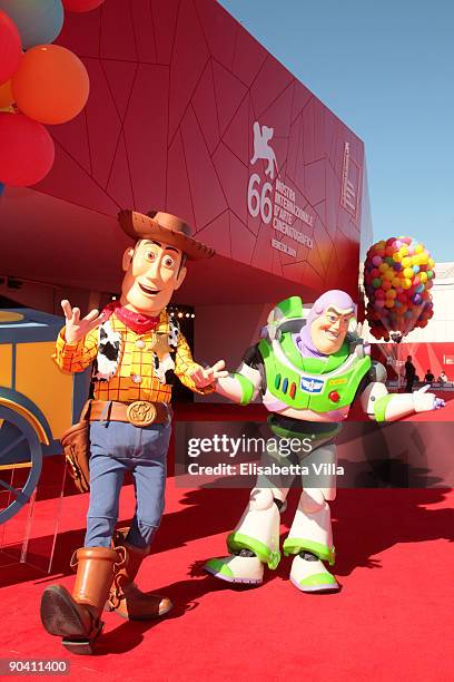 Toy Story characters Woody and Buzz Lightyear attend the Golden Lion Lifetime Achievement Award at the Sala Grande during the 66th Venice Film...