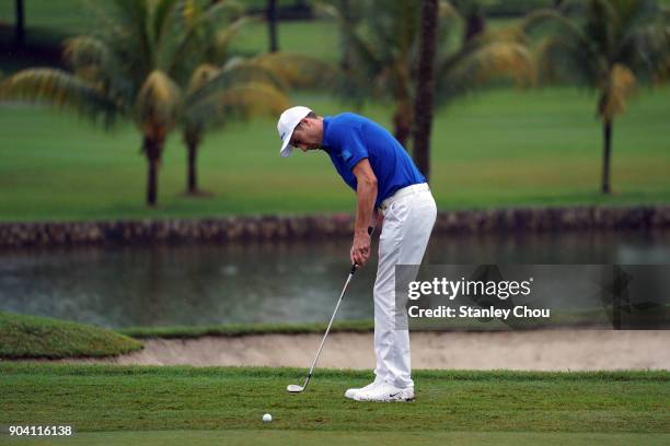 Ross Fisher of team Europe in action during the fourballs matches on day one of the 2018 EurAsia Cup presented by DRB-HICOM at Glenmarie G&CC on...