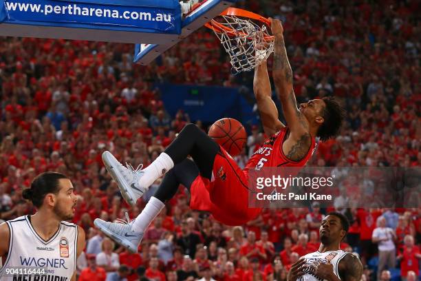 Jean-Pierre Tokoto of the Wildcats dunks the ball during the round 14 NBL match between the Perth Wildcats and Melbourne United at Perth Arena on...