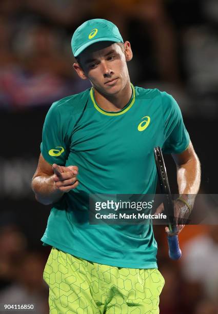 Alex de Minaur of Australia celebrates winning a point in his semi final match against Benoit Paire of France during day six of the 2018 Sydney...