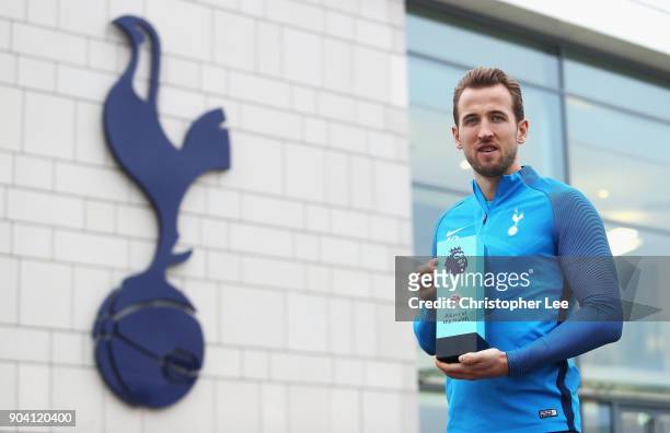 Harry Kane of Tottenham Hotspur poses for the camera as he is Awarded with the EA SPORTS Player of the Month for December on January 11, 2018 in...