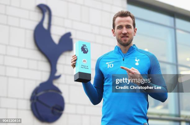 Harry Kane of Tottenham Hotspur poses for the camera as he is Awarded with the EA SPORTS Player of the Month for December on January 11, 2018 in...
