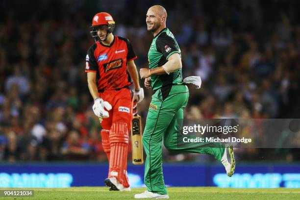 John Hastings of the Stars celebrates the wicket of Matt Short of the Renegades hits a six during the Big Bash League match between the Melbourne...