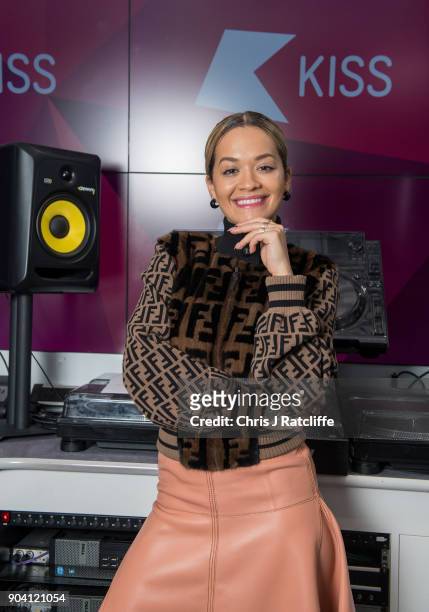 Rita Ora poses for a photograph as Liam Payne and Rita Ora visit KISS FM at Bauer Radio on January 12, 2018 in London, England.