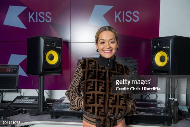 Rita Ora poses for a photograph as Liam Payne and Rita Ora visit KISS FM at Bauer Radio on January 12, 2018 in London, England.