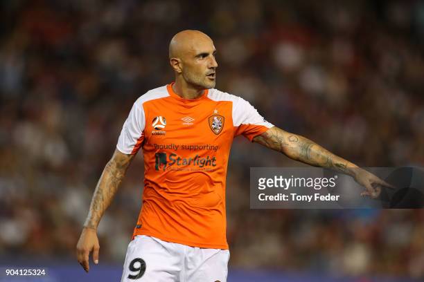 Massimo Maccarone of the Roar during the round 16 A-League match between the Newcastle Jets and the Brisbane Roar at McDonald Jones Stadium on...