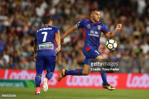 Andrew Nabbout of the Jets controls the ball during the round 16 A-League match between the Newcastle Jets and the Brisbane Roar at McDonald Jones...