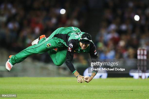 Kevin Pietersen of the Stars takes a diving catch to dismiss Tom Cooper of the Renegades during the Big Bash League match between the Melbourne...