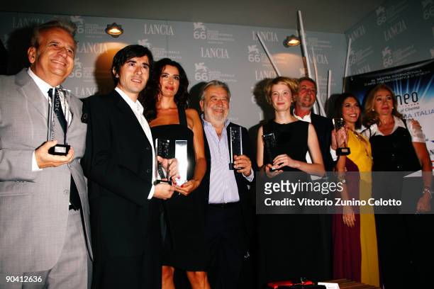 Award recipients Antonio Avati, Luigi Lo Cascio , Luisa Ranieri, Pupi Avati, Alba Rohrwacher pose with their awards while attending the Kinéo...