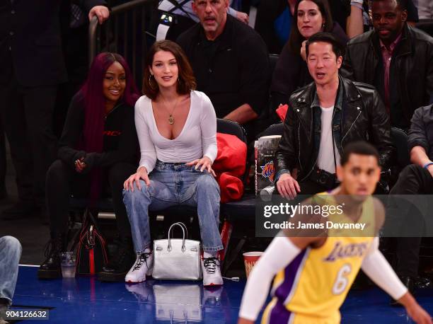 Bella Hadid is seen watching Jordan Clarkson during the New York Knicks Vs Los Angeles Lakers game at Madison Square Garden on December 12, 2017 in...