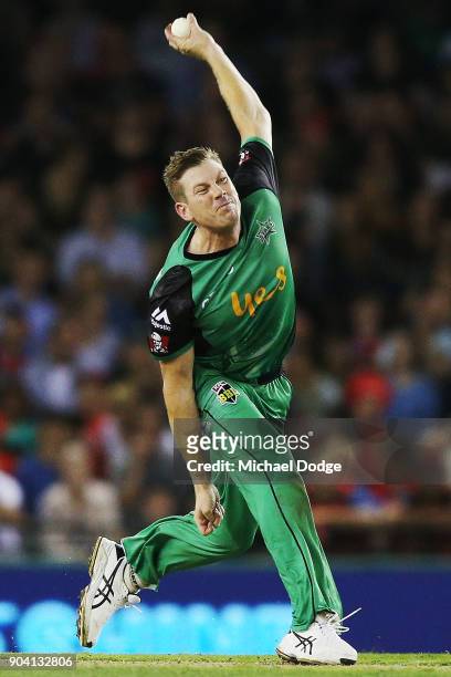 James Faulkner of the Stars bowls during the Big Bash League match between the Melbourne Renegades and the Melbourne Stars at Etihad Stadium on...